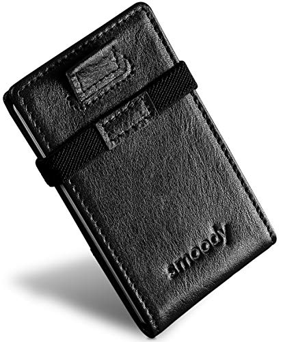 smoody® Tarjetero para 10 Tarjetas de Credito Bloqueo RFID Cartera Minimalista Hombre y Mujer Pequeña Billetera con Elástico y Pull-up Cuero Vacuno Sin Cromo (Negro)