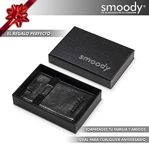 smoody® Tarjetero para 10 Tarjetas de Credito Bloqueo RFID Cartera Minimalista Hombre y Mujer Pequeña Billetera con Elástico y Pull-up Cuero Vacuno Sin Cromo (Negro)