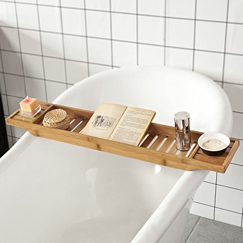 SoBuy FRG212-N,ES Bandeja de Bambú para Bañera,Estante de Baño,L80cm,con Soporte para Libro, iPad y Móvil