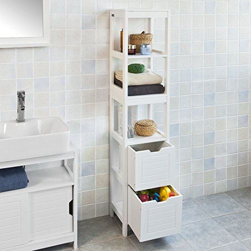 SoBuy Mueble Columna de Baño, Armario para Baño Alto,Estanterías de Baño-2 Puertas y 1 Cajón,FRG126-W,ES (Blanco)