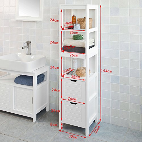 SoBuy Mueble Columna de Baño, Armario para Baño Alto,Estanterías de Baño-2 Puertas y 1 Cajón,FRG126-W,ES (Blanco)