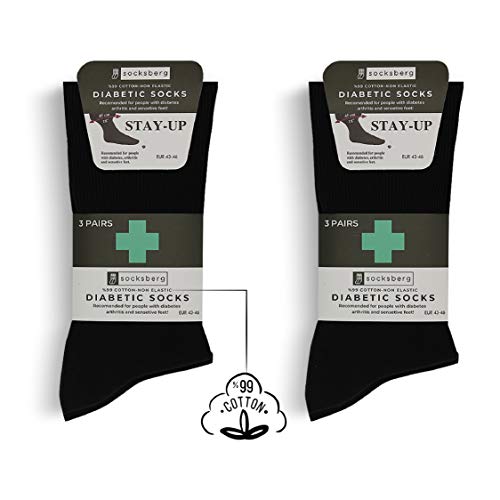 Socksberg Calcetines para diabéticos para hombre sin goma (6 pares) | Calcetines extra anchos para diabéticos sin cintura ni costuras, calcetines saludables para pies hinchados Negro L