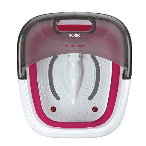 Solac ME7756 - Hidromasajeador de pies, plegable, 6 litros, masaje con burbujas, vibraciones e infrarrojos, calentamiento del agua, uso con aceites, 350W, color blanco y fucsia