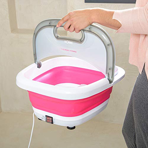 Solac ME7756 - Hidromasajeador de pies, plegable, 6 litros, masaje con burbujas, vibraciones e infrarrojos, calentamiento del agua, uso con aceites, 350W, color blanco y fucsia