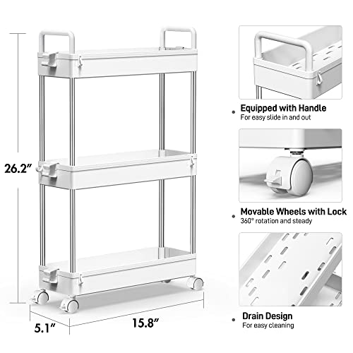 SOLEJAZZ Carro de Almacenamiento de 3 Niveles, Deslizante, Delgado, utilitario, Organizador de estantes de Almacenamiento móvil para Cocina, baño, lavandería, Lugares Estrechos, plástico, Blanco