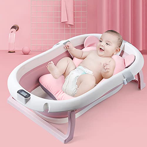 SONARIN Bañera de Bebé Plegable con Sensor de Temperatura,Tina para Bebe,Bañera de Ducha Portátil Antideslizante con Cojín para Recién Nacidos Niños,Drenaje Rápido(Rosa)