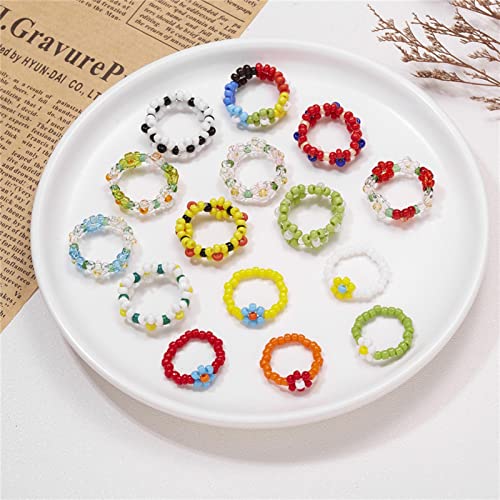 SONGER 15 Estilo Coreano Colorido Bohemia pequeño Anillo de Flores Hecho a Mano de múltiples Cuentas de arroz Anillo de Cuentas para Mujeres Regalos de joyería de Playa: