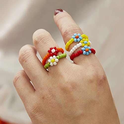 SONGER 15 Estilo Coreano Colorido Bohemia pequeño Anillo de Flores Hecho a Mano de múltiples Cuentas de arroz Anillo de Cuentas para Mujeres Regalos de joyería de Playa: