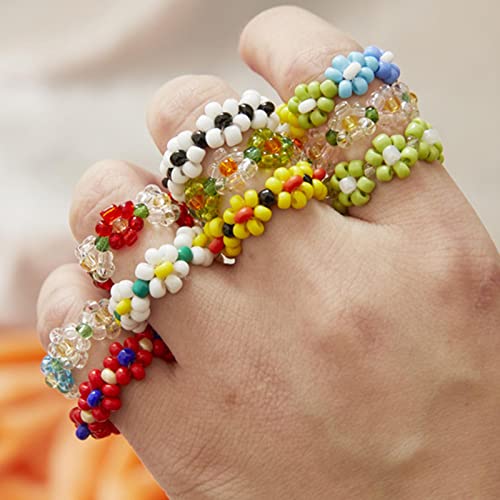 SONGER 15 Estilo Coreano Colorido Bohemia pequeño Anillo de Flores Hecho a Mano de múltiples Cuentas de arroz Anillo de Cuentas para Mujeres Regalos de joyería de Playa: