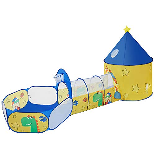 SONGMICS 3 en 1 Tienda campaña Infantil, Casita túnel Infantil Pop-up, con Piscina de Bolas, Tema de Dinosaurio y Espacio, Idea de Regalo, Fiesta de cumpleaños, Amarillo y Azul, Navidad, LPT702Y01