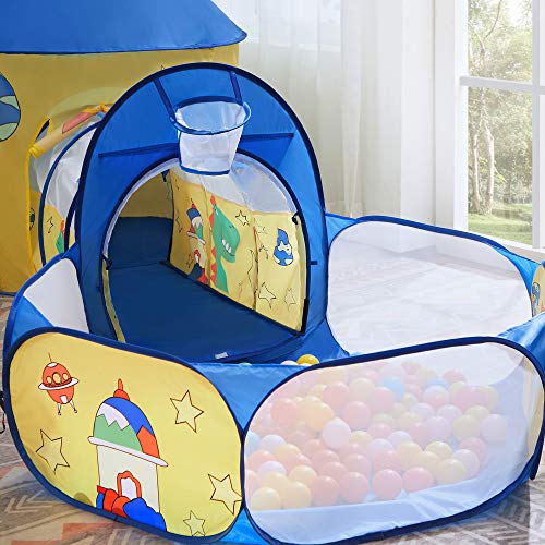 SONGMICS 3 en 1 Tienda campaña Infantil, Casita túnel Infantil Pop-up, con Piscina de Bolas, Tema de Dinosaurio y Espacio, Idea de Regalo, Fiesta de cumpleaños, Amarillo y Azul, Navidad, LPT702Y01