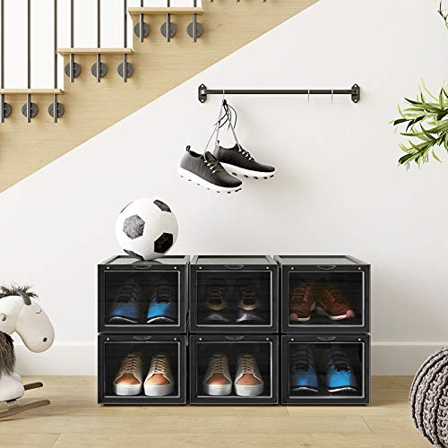 SONGMICS Cajas de Zapatos Apilables, Plástica, Rígida, Ahorro de Espacio, Fácil Montaje,28 x 36 x 22 cm, para Zapatos hasta la Talla 46, Juego de 6, Negro LSP06BK