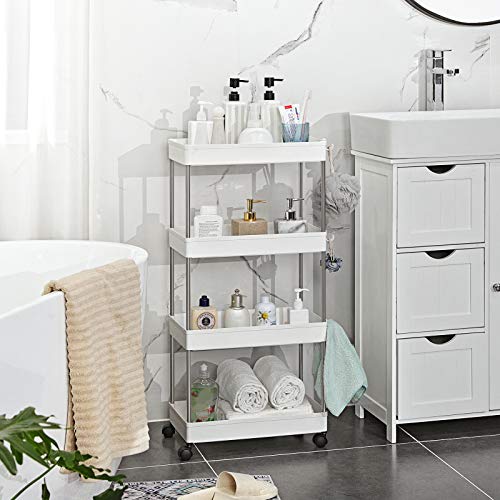 SONGMICS Carrito con ruedas, Estantería con ruedas, Carrito cocina de 4 baldas, Carrito estrecho, para baño, cocina, 40 x 22 x 86 cm, Blanco KSC10WT