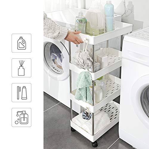 SONGMICS Carrito con ruedas, Estantería con ruedas, Carrito cocina de 4 baldas, Carrito estrecho, para baño, cocina, 40 x 22 x 86 cm, Blanco KSC10WT