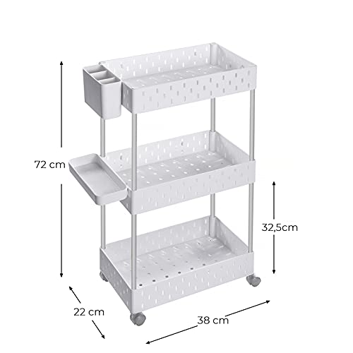 SONGMICS Carro de Almacenamiento de 3 Niveles, Carro con Ruedas, Estante de Baño con 6 Ganchos Removibles, 1 Bandeja, 1 Recipiente, para Cocina, Sala de Estar, 38 x 22 x 72 cm, Blanco KSC011W01