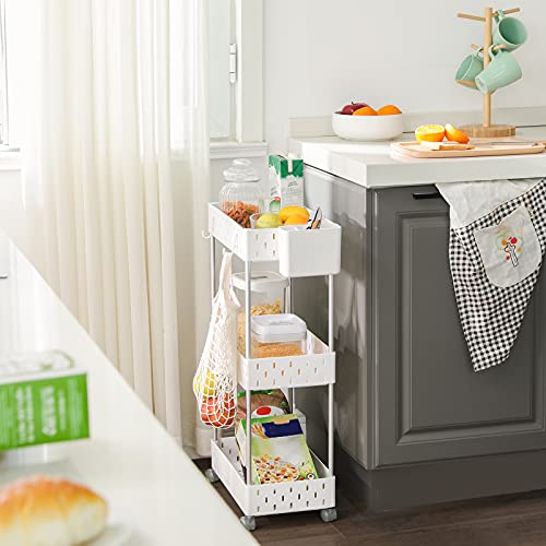 SONGMICS Carro de Almacenamiento de 3 Niveles, Carro con Ruedas, Estante de Baño con 6 Ganchos Removibles, 1 Bandeja, 1 Recipiente, para Cocina, Sala de Estar, 38 x 22 x 72 cm, Blanco KSC011W01