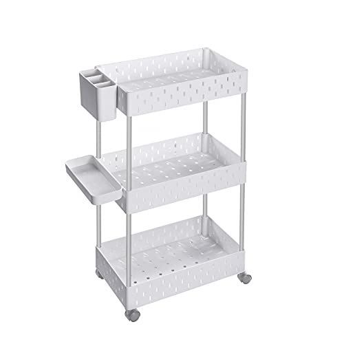 SONGMICS Carro de Almacenamiento de 3 Niveles, Carro con Ruedas, Estante de Baño con 6 Ganchos Removibles, 1 Bandeja, 1 Recipiente, para Cocina, Sala de Estar, 38 x 22 x 72 cm, Blanco KSC011W01