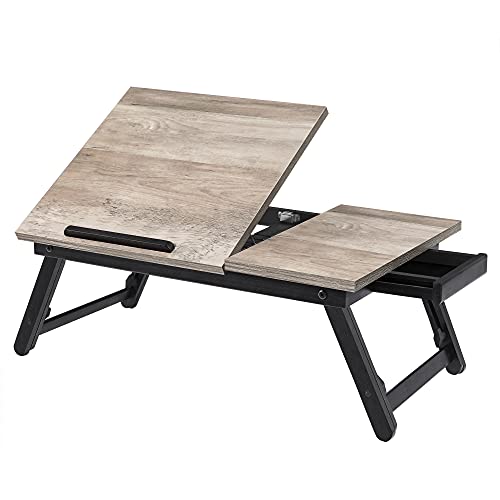 SONGMICS Escritorio portátil para Cama o sofá con Tapa Ajustable, Bandeja para Servir Desayuno con Patas Plegables de Altura Ajustable, para Pantallas de hasta 15,6 Pulgadas, Greige LLD105W01