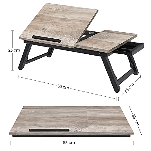 SONGMICS Escritorio portátil para Cama o sofá con Tapa Ajustable, Bandeja para Servir Desayuno con Patas Plegables de Altura Ajustable, para Pantallas de hasta 15,6 Pulgadas, Greige LLD105W01