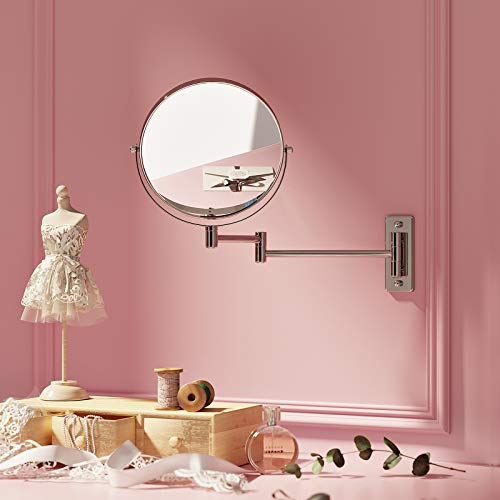 SONGMICS - Espejo de Pared Doble Cara, Espejo de Maquillaje, Espejo cosmético, 10 aumentos, 360 ° Giratorio, Extensible, Ø20 cm BBM001