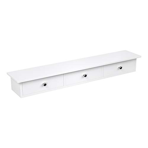 SONGMICS Estante de Pared, Estante Flotante con 3 Cajones, Estantería para Pasillo, 80 x 15 x 10 cm, para Entrada, Salón, Cocina, Pintura de Alto Brillo Blanco LWS085W01