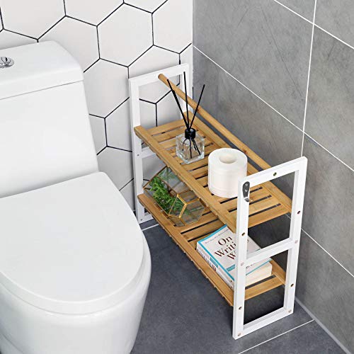 SONGMICS Estantería de Bambú con Toallero, Estantes de Pared Ajustables con 2 Ganchos, Almacenamiento Multifuncional, para Baño, Sala, Cocina, Blanco y Natural BCB12WN