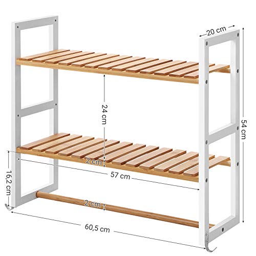 SONGMICS Estantería de Bambú con Toallero, Estantes de Pared Ajustables con 2 Ganchos, Almacenamiento Multifuncional, para Baño, Sala, Cocina, Blanco y Natural BCB12WN