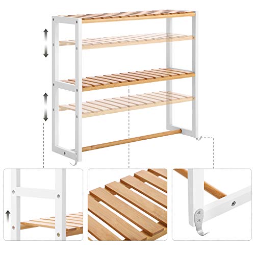 SONGMICS Estantería de Bambú con Toallero, Estantes de Pared Ajustables con 2 Ganchos, Almacenamiento Multifuncional, para Baño, Sala, Cocina, Blanco y Natural BCB12WN