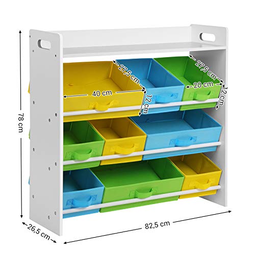 SONGMICS Estantería de Juguetes con 9 Cajones de Tela no Tejida Extraíbles, Organizador Infantil, para la Sala de Juegos de la Guardería, Marco de Madera, Blanco GKR31WT