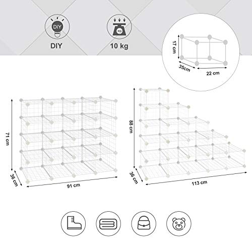 SONGMICS Estantería de Zapato, Unidad Modular de Almacenamiento de Bricolaje con 15 cubos, Organizador de Calzado con Cierre de Alambre Metálico, para Entrada, Vestíbulo, Blanco LPI44WS