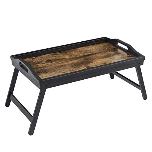 SONGMICS Mesa de Cama con Patas Plegables de Bambú, Bandeja de Desayuno de Sofá, Cama, Mesa de Aperitivos con Ranura para Tableta Teléfono, Escritorio del Portátil, Marrón Rústico LLD106B01