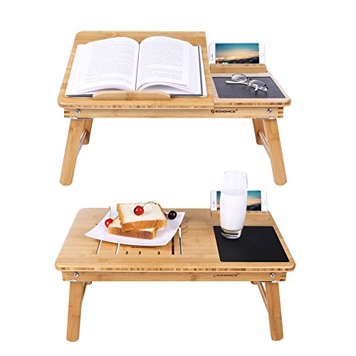 SONGMICS Mesa Plegable de Bambú Natural Tableta Ajustable con Almohadilla de Ratón Cajoncito 55 x 35 x 23 cm LLD006