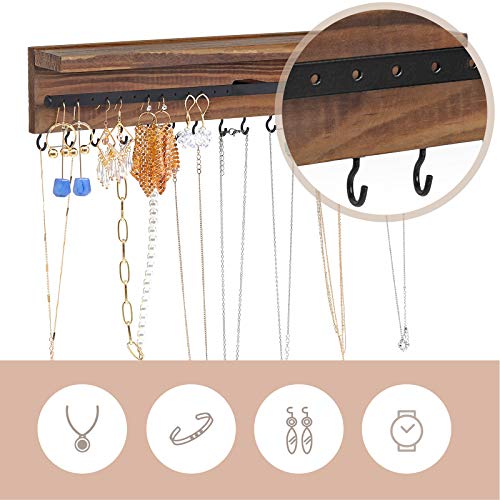 SONGMICS Organizador de Pared para Joyas, Expositor de Joyas Montado en Pared, Ganchos para Collares, Soporte para Pendientes, Pulseras, Regalo, Color Madera Ahumado, Navidad, JJS10CB