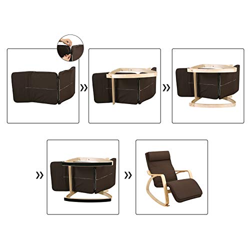 SONGMICS Silla Mecedora, Sillón Tumbona, Madera de Abedul, Reposapiés Ajustable, Ideal para Sala de Estar, Estudio, Terraza, Funda Desmontable y Lavable, Capacidad de Carga de 150 kg, Marrón LYY10ZV1