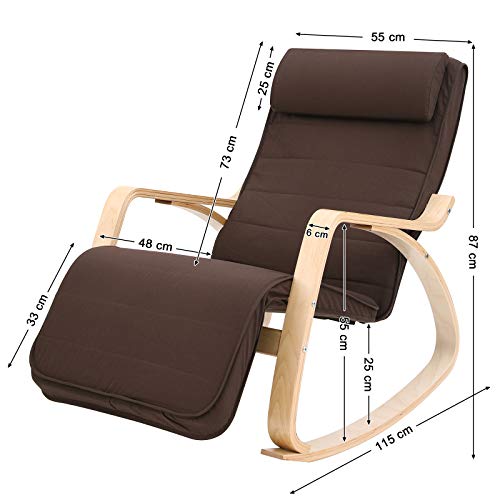 SONGMICS Silla Mecedora, Sillón Tumbona, Madera de Abedul, Reposapiés Ajustable, Ideal para Sala de Estar, Estudio, Terraza, Funda Desmontable y Lavable, Capacidad de Carga de 150 kg, Marrón LYY10ZV1