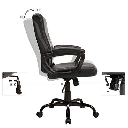 SONGMICS Silla Oficina, Silla de Ejecutivo de Cuero Sintético, con Acolchado Grueso, Altura Ajustable 95-103 cm, Mecanismo de Inclinación, Base de Estrellas de Acero, Negro OBG39BK