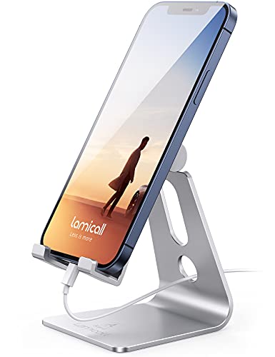 Soporte Móvil, Lamicall Multiángulo Soporte Teléfono - Soporte Dock Base para Teléfono para iPhone 12 Mini, 12 Pro Max, 11 Pro Xs Max X 8 7 6S Plus SE 5, Samsung S10 S9 S8, Huawei, Smartphones - Plata