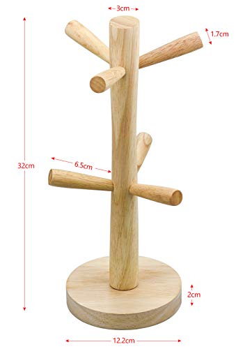 Soporte para Tazas Café, Soporte Tazas Árbol de Madera con 6 Ganchos Desmontable para Cocina Cafetería - 32 cm, Marrón