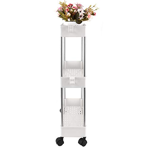 SPACEKEEPER Carro de Almacenamiento de 3 Niveles, Delgado, móvil, Organizador de estantes, deslizable, rodante, utilitario, Estante de Cocina, baño, lavandería, Oficina, Lugares Estrechos, Blanco