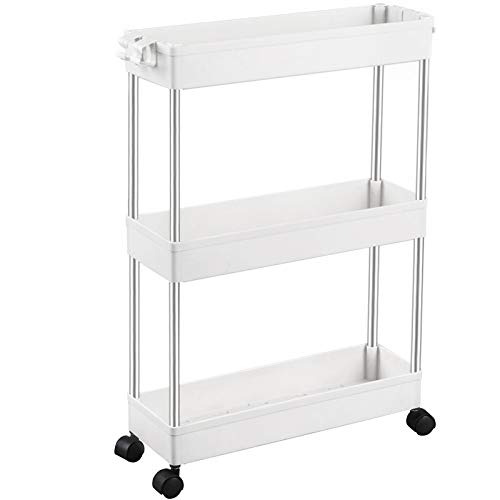 SPACEKEEPER Carro de Almacenamiento de 3 Niveles, Delgado, móvil, Organizador de estantes, deslizable, rodante, utilitario, Estante de Cocina, baño, lavandería, Oficina, Lugares Estrechos, Blanco