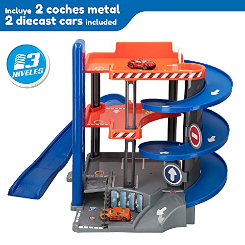 Speed&GO - Parking juguete para niños, con 2 coches de metal, parking 3 niveles, garaje coches juguete, coches de juguetes metálicos, para niños a partir de 6 años (46528)