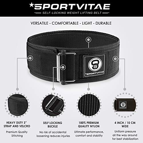 Sportvitae® Cinturón Lumbar Gimnasio, Cinturon Gimnasio Hombre y Mujer, Cinturon Halterofilia, Powerlifting, Levantamiento Peso, Musculacion, Cinturon Gym Hombre, 100% Nylon, Hebilla Autoblocante