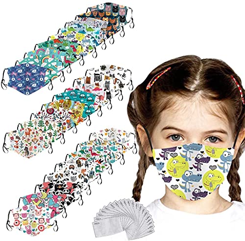 [Spot de España] 25 + 30 piezas de mascarillas para niños, reutilizables, lindos estampados florales, tela de mezcla de algodón lavable con filtros ajustables para las orejas, insertos de bolsillo