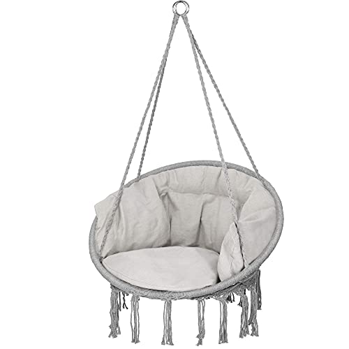 SPRINGOS Columpio de jardín colgante con cojín de estilo bohemio para colgar con cuerdas y anillos para interior y exterior (gris)