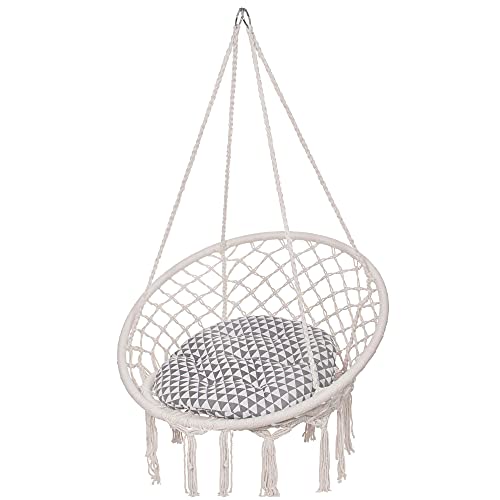 SPRINGOS Hamaca colgante con cojín, columpio con cuerda, en diseño de macramé, para interior y exterior (crema)