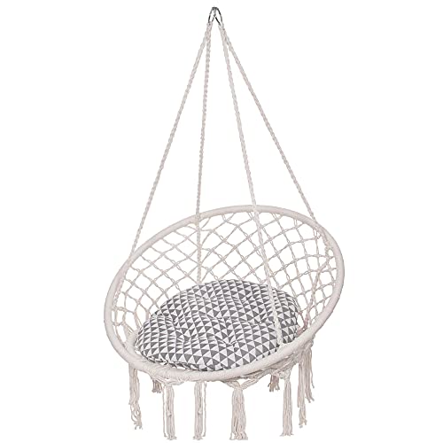 SPRINGOS Hamaca colgante con cojín, columpio con cuerda, en diseño de macramé, para interior y exterior (crema)