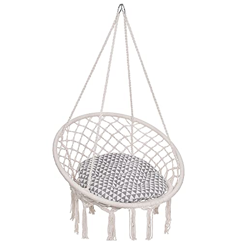 SPRINGOS Hamaca colgante con cojín, columpio con cuerda, en diseño de macramé, para interior y exterior (crema)