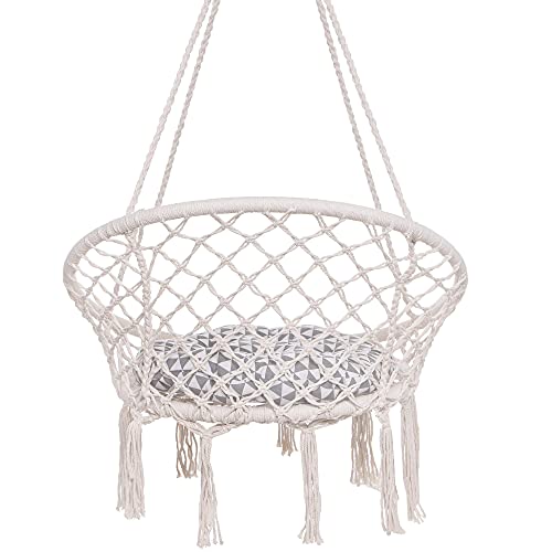 SPRINGOS Hamaca colgante con cojín, columpio con cuerda, en diseño de macramé, para interior y exterior (crema)