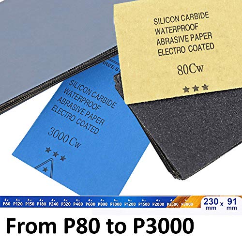 S&R Papel de Lija Impermeable para Madera, Metales, Porcelanico. Uso en seco y húmedo, 60 pzas - Grano : 80/ 120/ 150/ 180/ 240/ 320/ 400/ 600/ 800/ 1000/ 1200/ 1500/ 2000/ 2500/ 3000