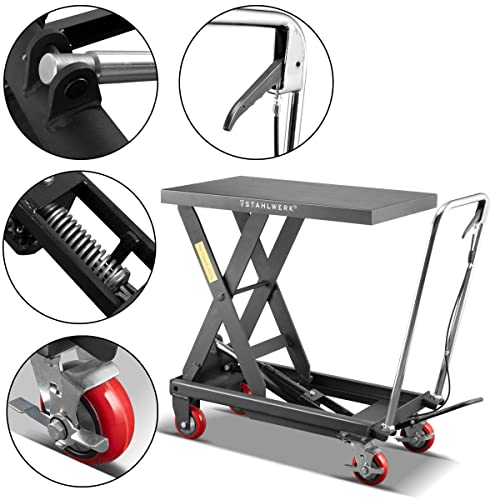 STAHLWERK Plataforma elevadora hidráulica robusta mesa elevadora para taller y almacén, soporta hasta 500 kg, altura de trabajo 900 mm